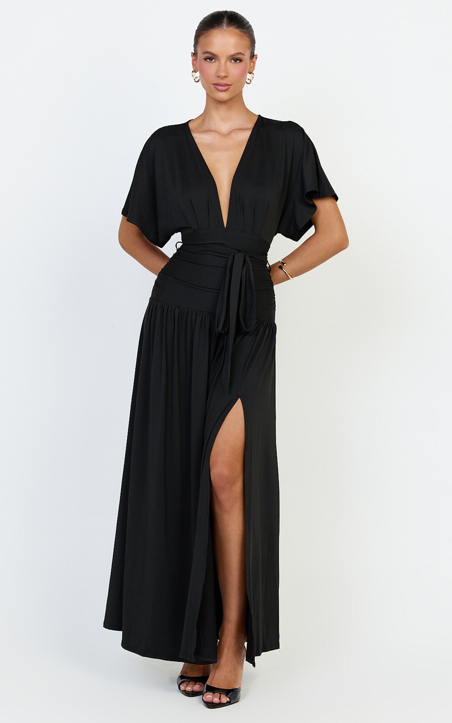Liana Maxi Dress - Wide Sleeve Tie Waist Maxi Dress in Black