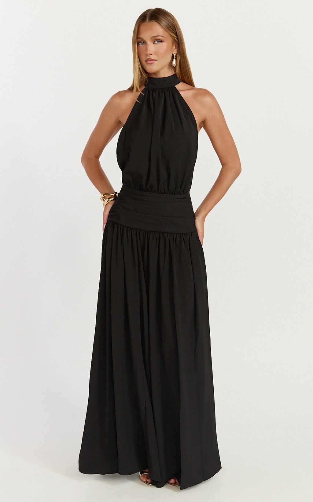 Lila Maxi Dress - Backless High Neck Halter Dress in Black