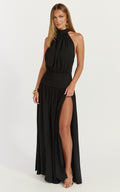 Lila Maxi Dress - Backless High Neck Halter Dress in Black
