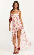 Lila Maxi Dress - Cowl Neck Asymmetric Frill Skirt Dress in Toile De Joie Print