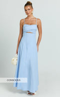 Lila Maxi Dress - Scallop Edge Fit And Flare Dress in Blue