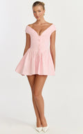 Lilac Mini Dress - Off Shoulder Fit & Flare Mini Dress in Pale Pink