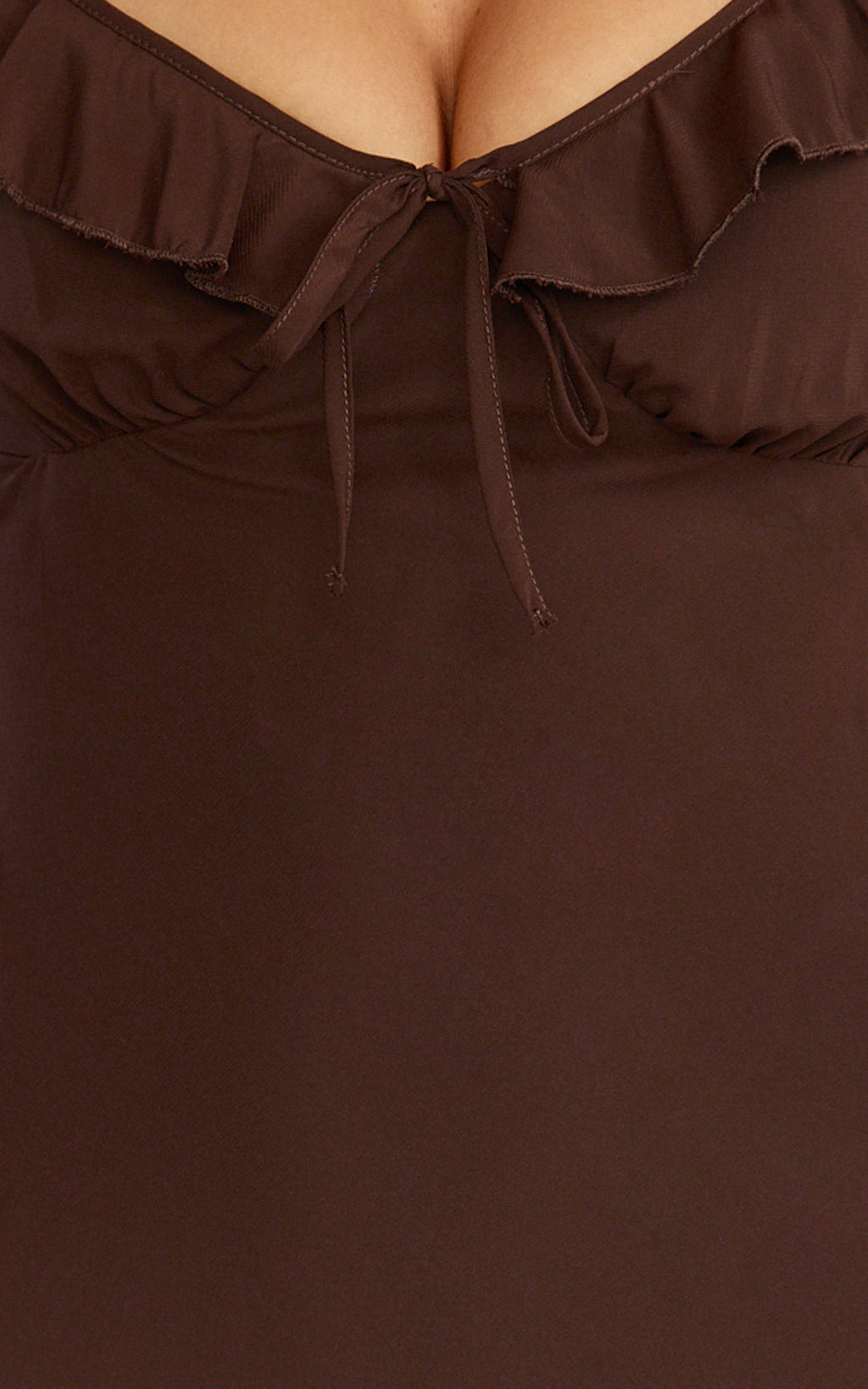 Lily Midi Dress - Ruffle V Neck Front Tie Slip Dress in Chocolate