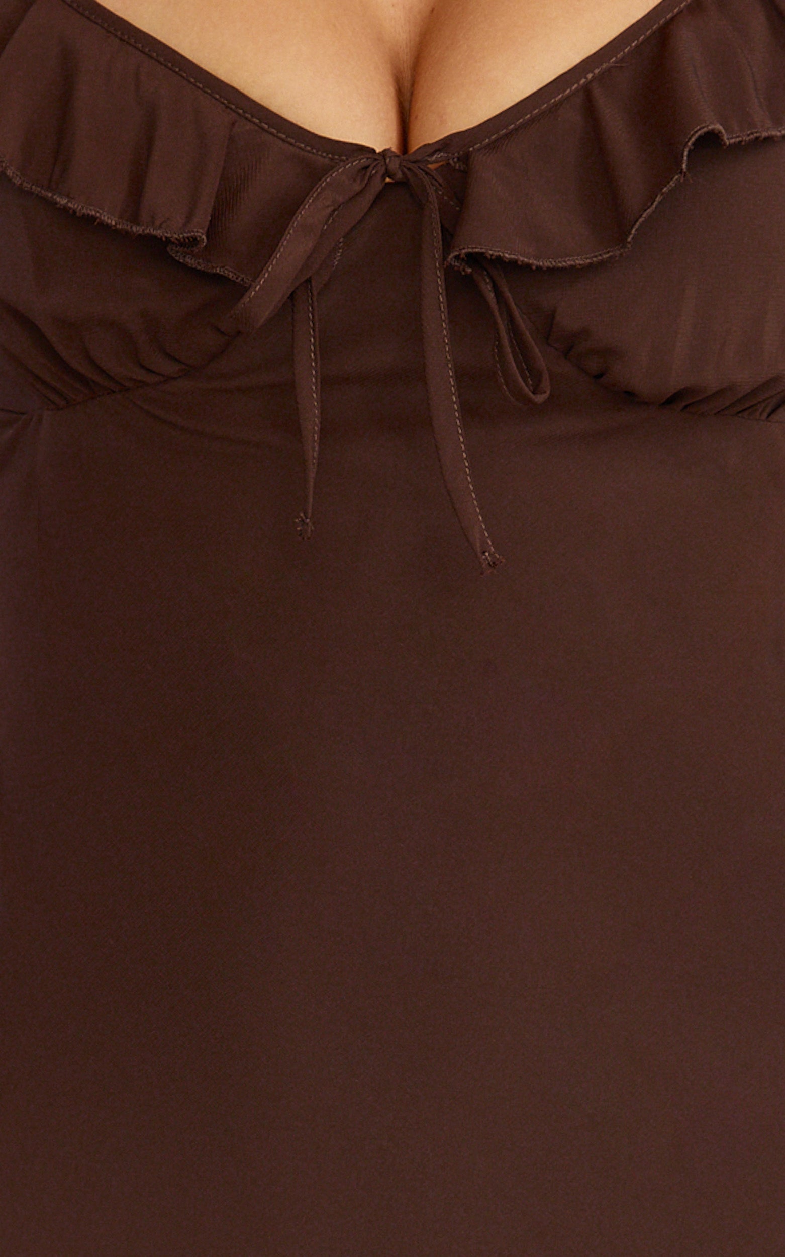 Lily Midi Dress - Ruffle V Neck Front Tie Slip Dress in Chocolate