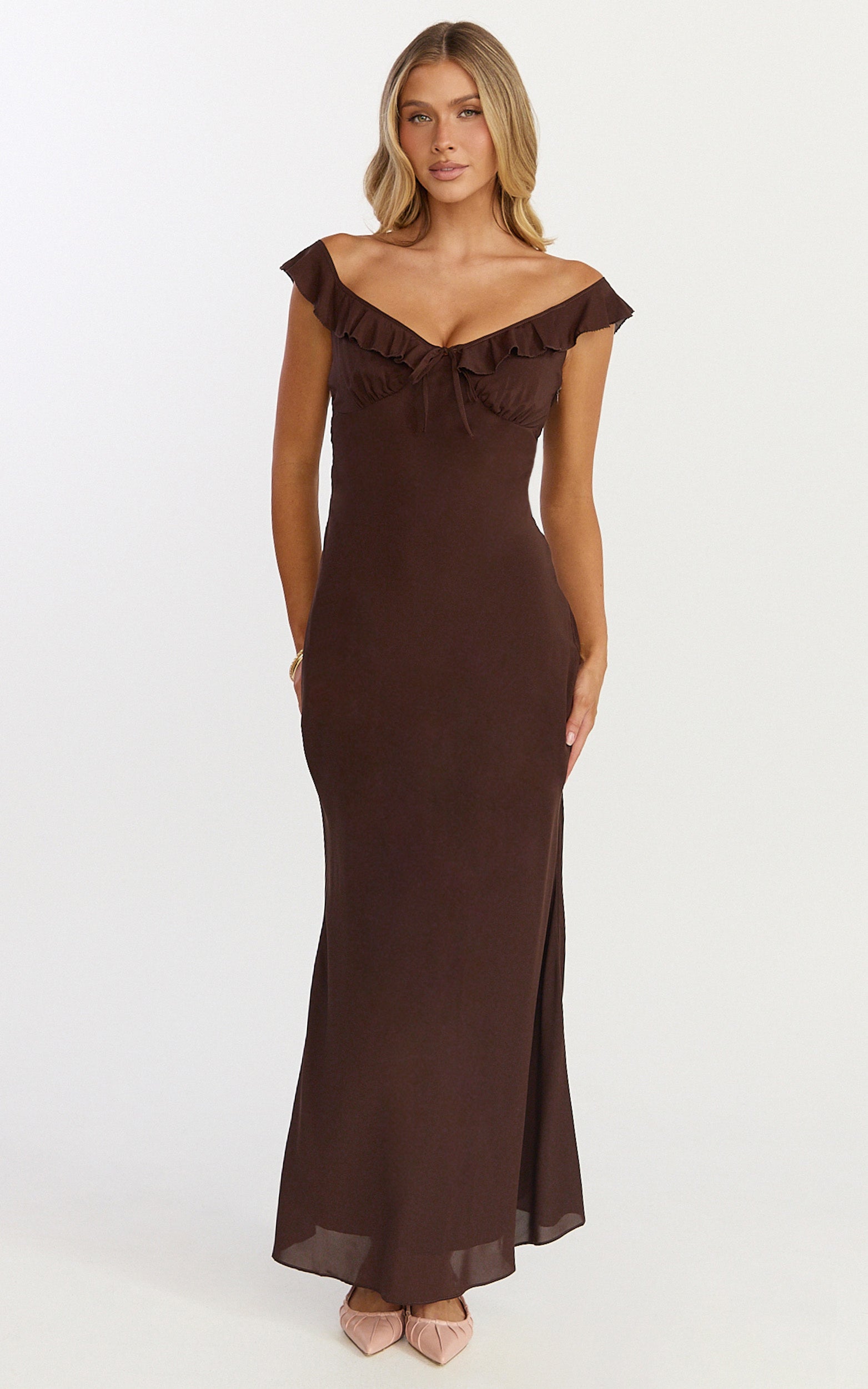 Lily Midi Dress - Ruffle V Neck Front Tie Slip Dress in Chocolate