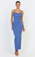 Liora Midi Dress - Low Back Scoop Neck Pin Tucked Dress in Steel Blue