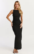 Liora Midi Dress - Boat Neck Side Twist Strap Midi Dress in Black