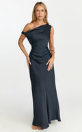 Lira Maxi Dress - One Shoulder Satin Dress in Navy