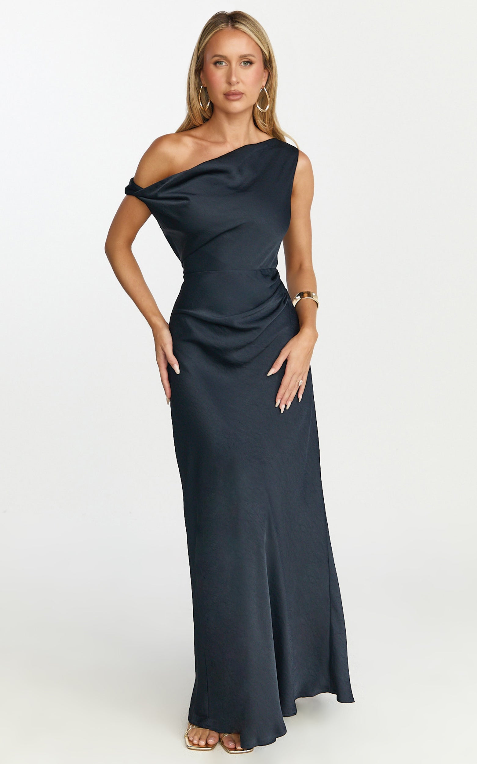 Lira Maxi Dress - One Shoulder Satin Dress in Navy