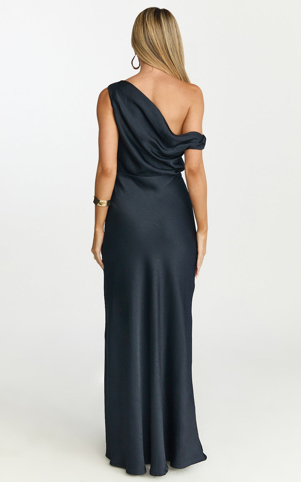 Lira Maxi Dress - One Shoulder Satin Dress in Navy