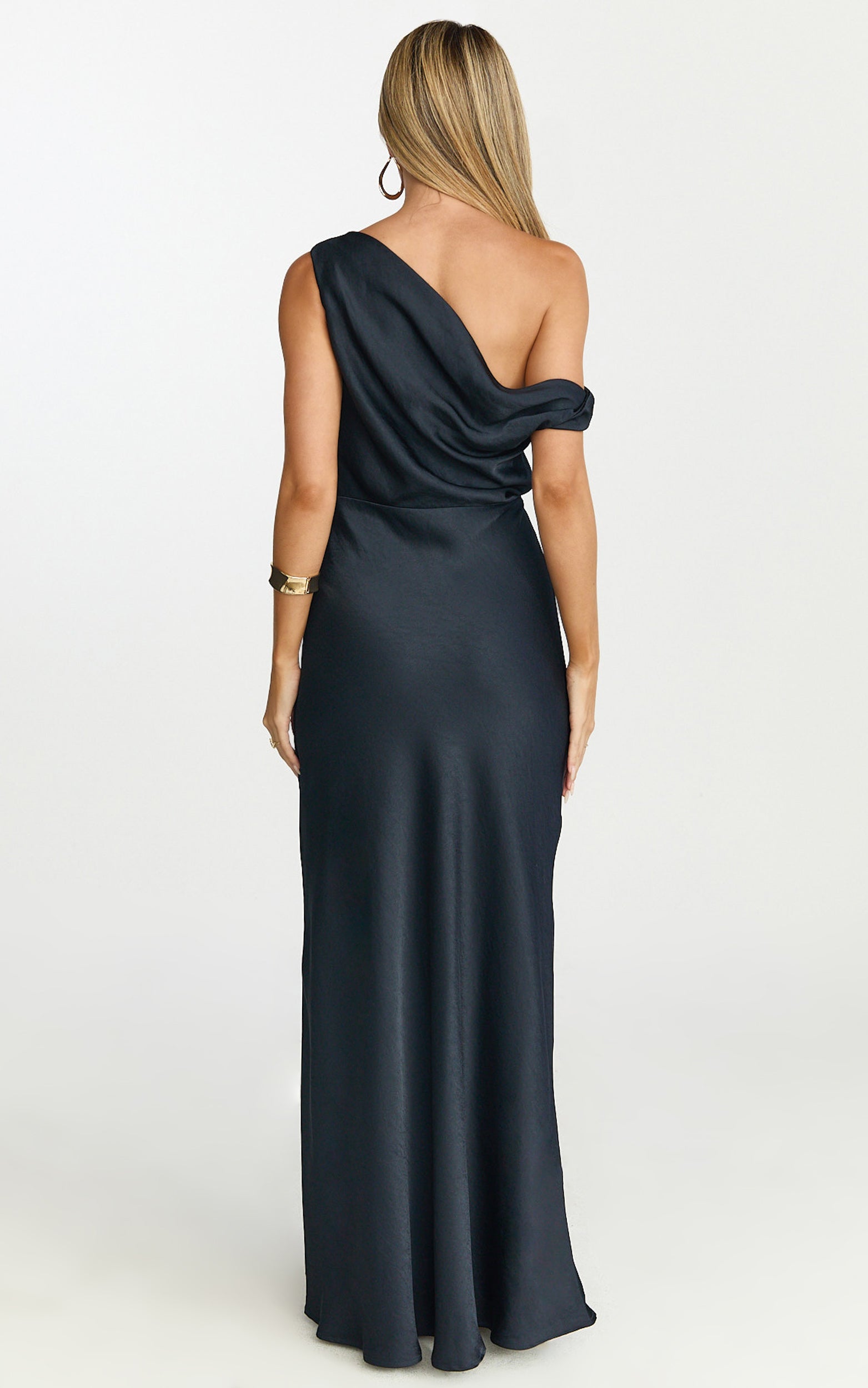 Lira Maxi Dress - One Shoulder Satin Dress in Navy