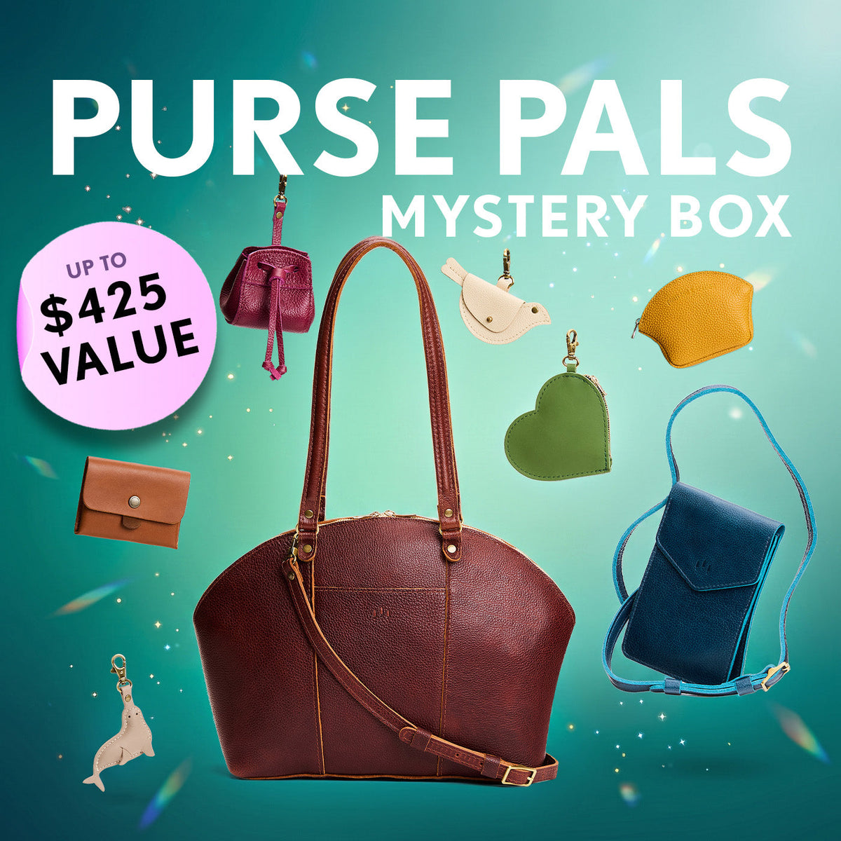 A collection of bags and small goods. Text reads "Purse Pal's Mystery Box. Up to $425 value"