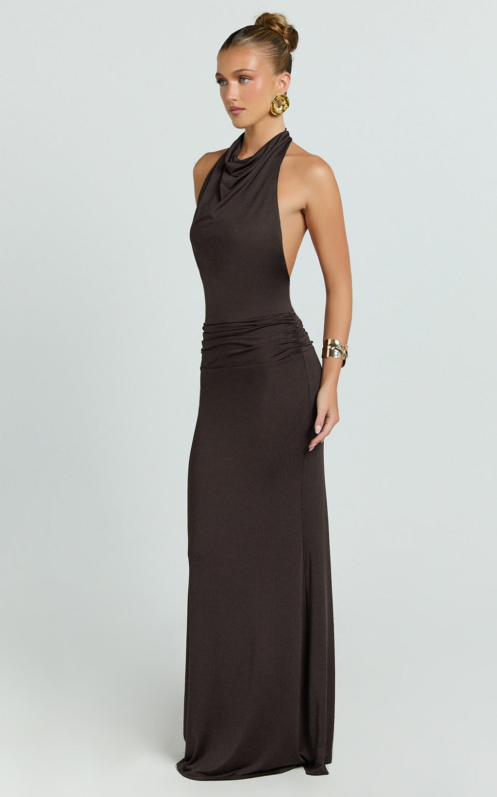 Lizzy Maxi Dress - Backless Ruched Bodycon Dress in Chocolate
