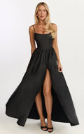Louisa Maxi Dress - Boned Bodice Lace Up Back Dress in Black