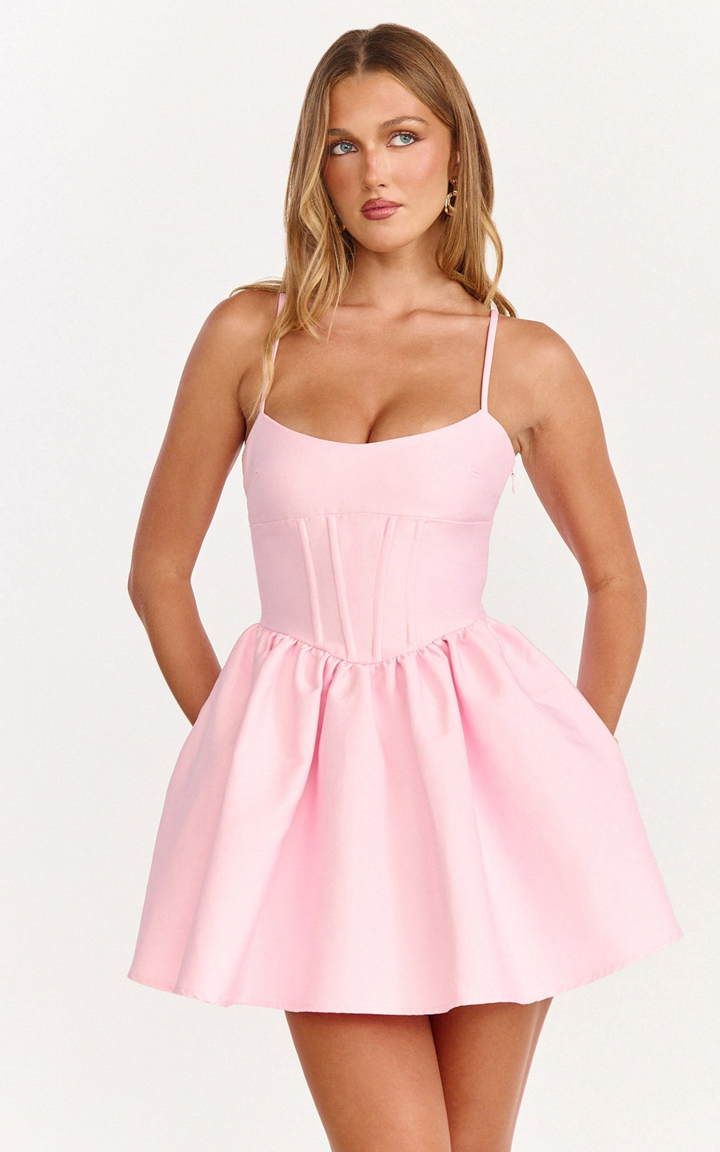 Louisa Mini Dress - Boned Bodice Lace Up Back Dress in Soft Pink