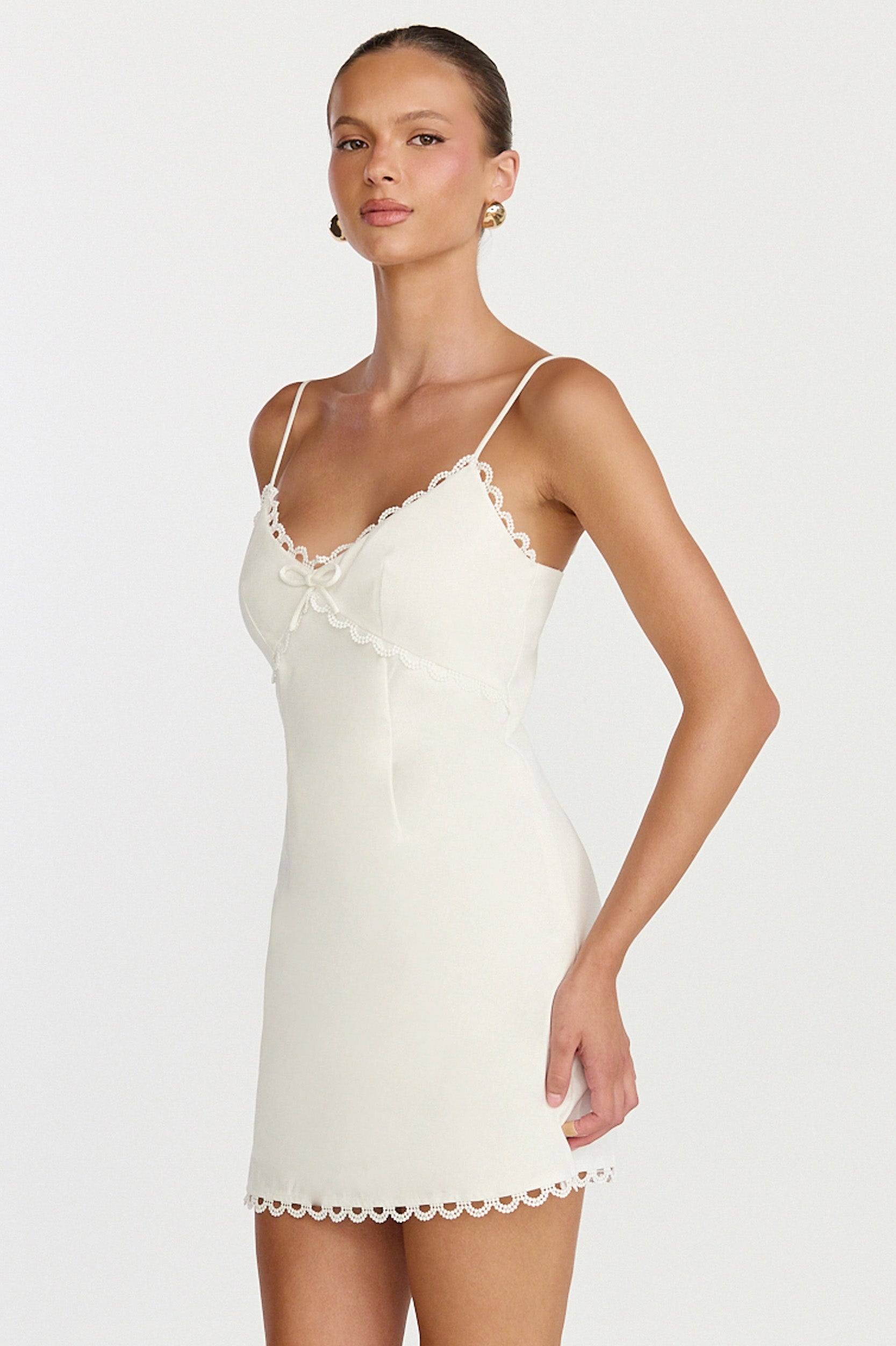 Loya Mini Dress - Scallop Lace Trim Mini Dress in Off White
