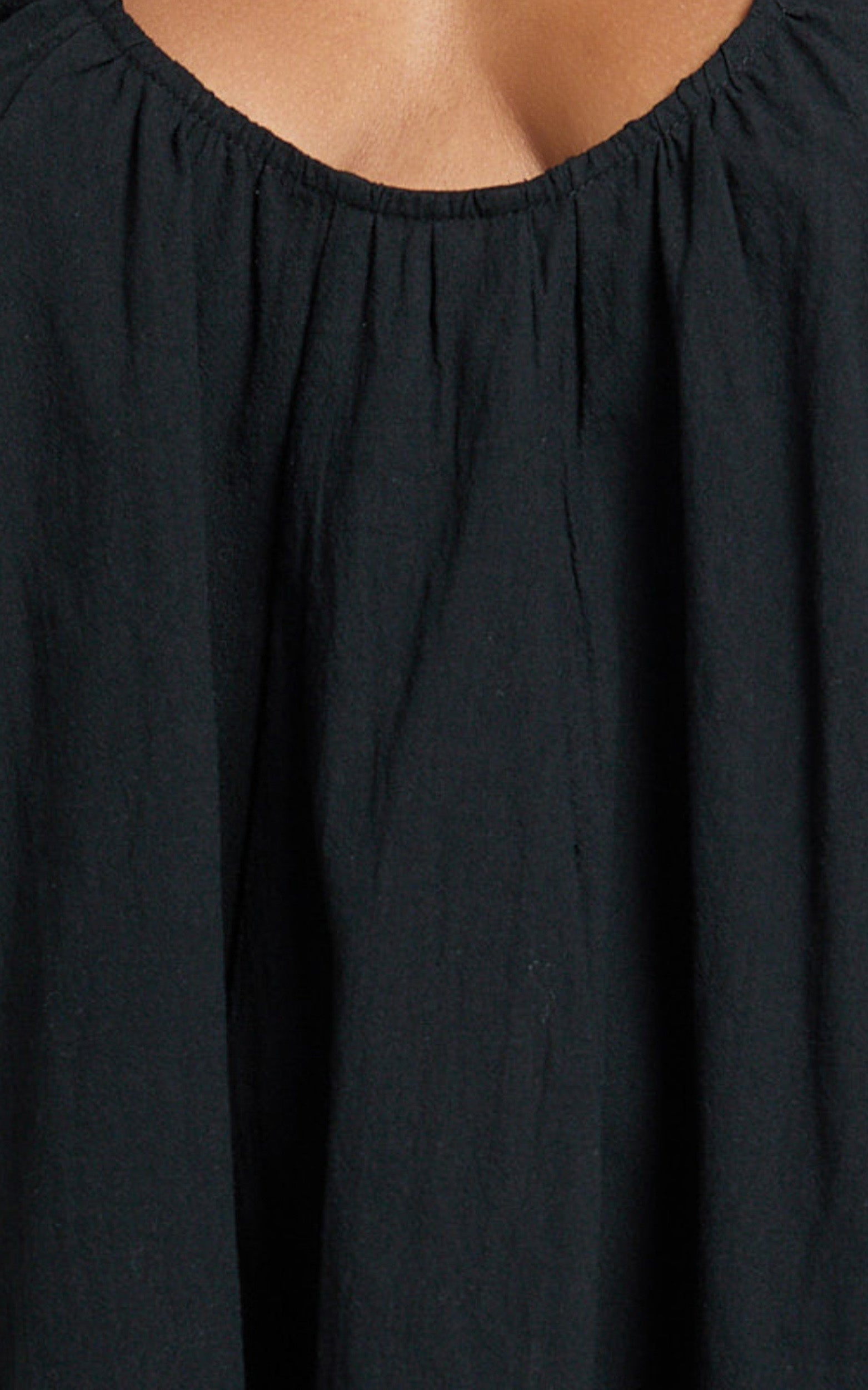 Lucinda Mini Dress - Deep U Gathered Neck Smock Dress in Black
