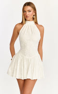 Lyra Mini Dress - Broderie Halter Neck Tie Drop V Waist Dress in White