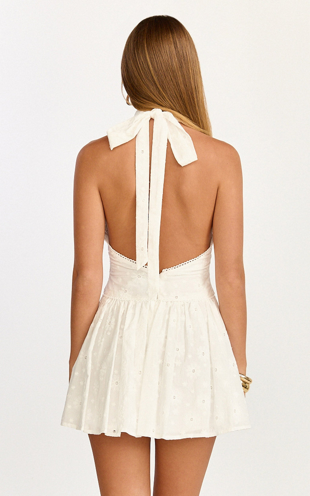Lyra Mini Dress - Broderie Halter Neck Tie Drop V Waist Dress in White