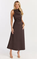 Macy Midi Dress - High Neck A Line Dress in Chocolate