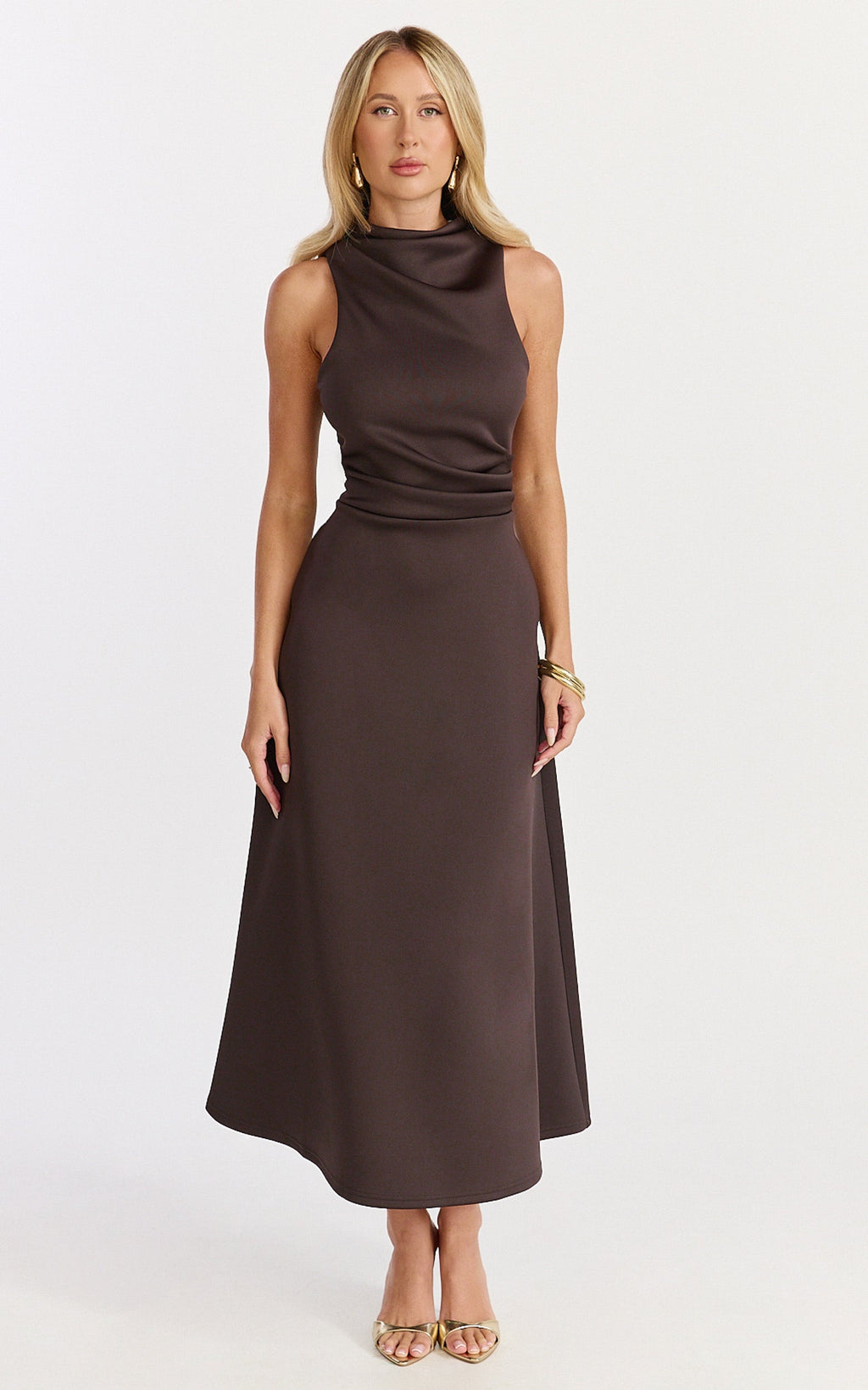 Macy Midi Dress - High Neck A Line Dress in Chocolate