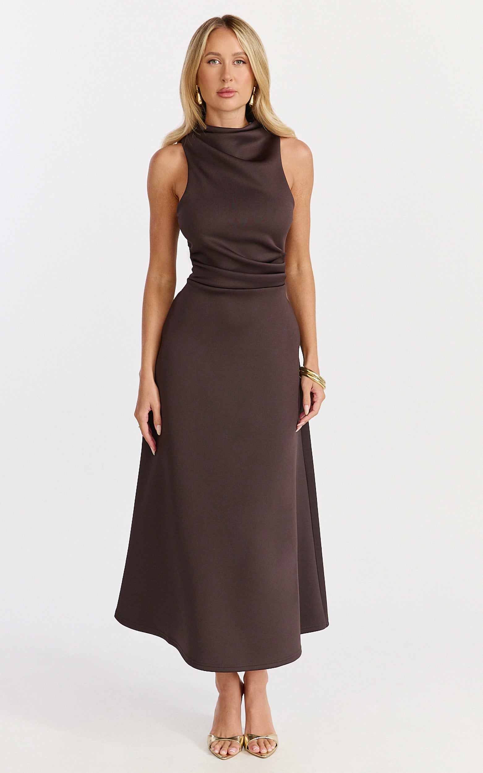 Macy Midi Dress - High Neck A Line Dress in Chocolate
