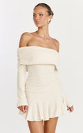 Maeve Mini Dress - Off Shoulder Long Sleeve Fit And Flare Mini Dress in Cream