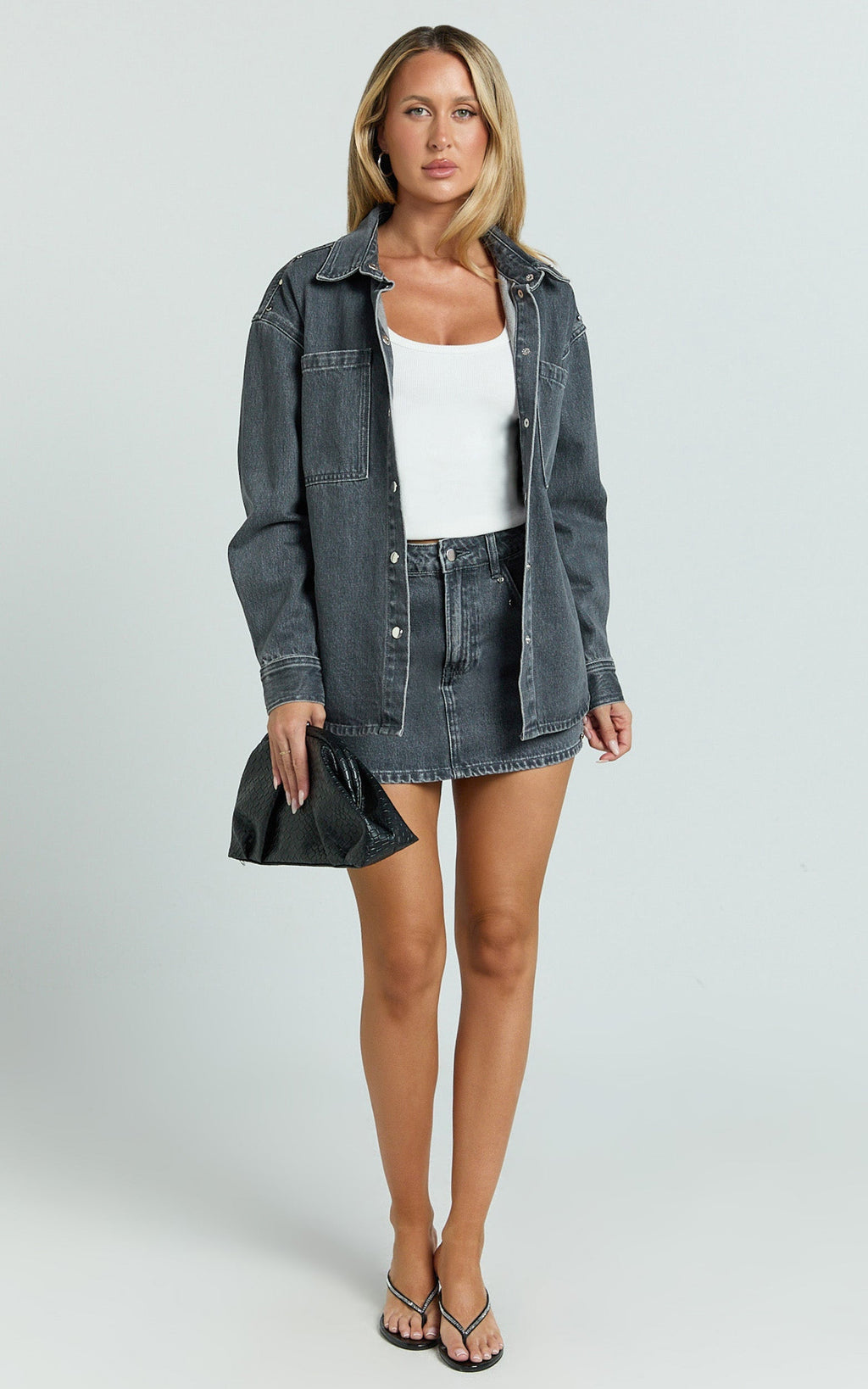 Makayla Mini Skirt - Mid Waisted Stud Detail Denim Mini Skirt in Dark Grey