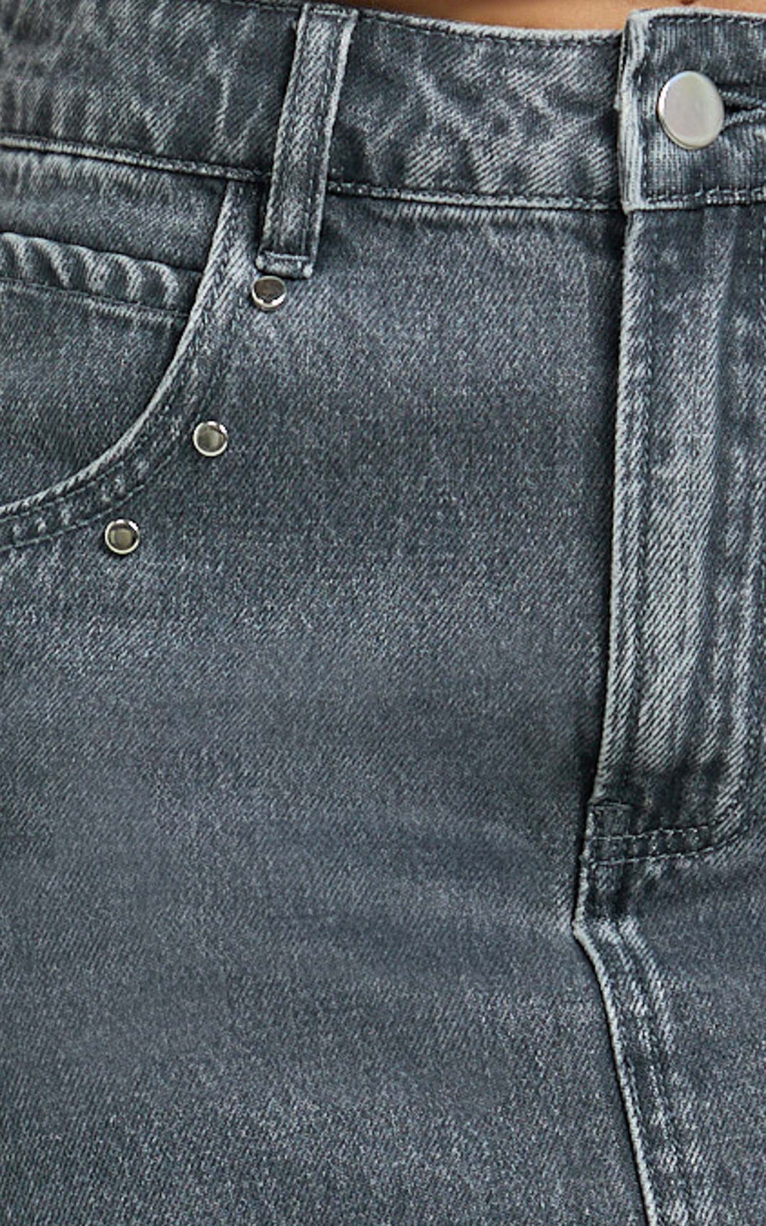 Makayla Mini Skirt - Mid Waisted Stud Detail Denim Mini Skirt in Dark Grey