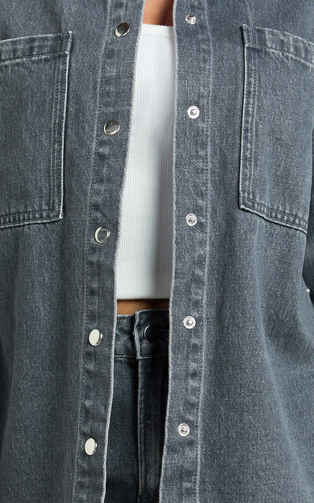 Makayla Top - Long Sleeve Stud Detail Denim Shirt in Dark Grey