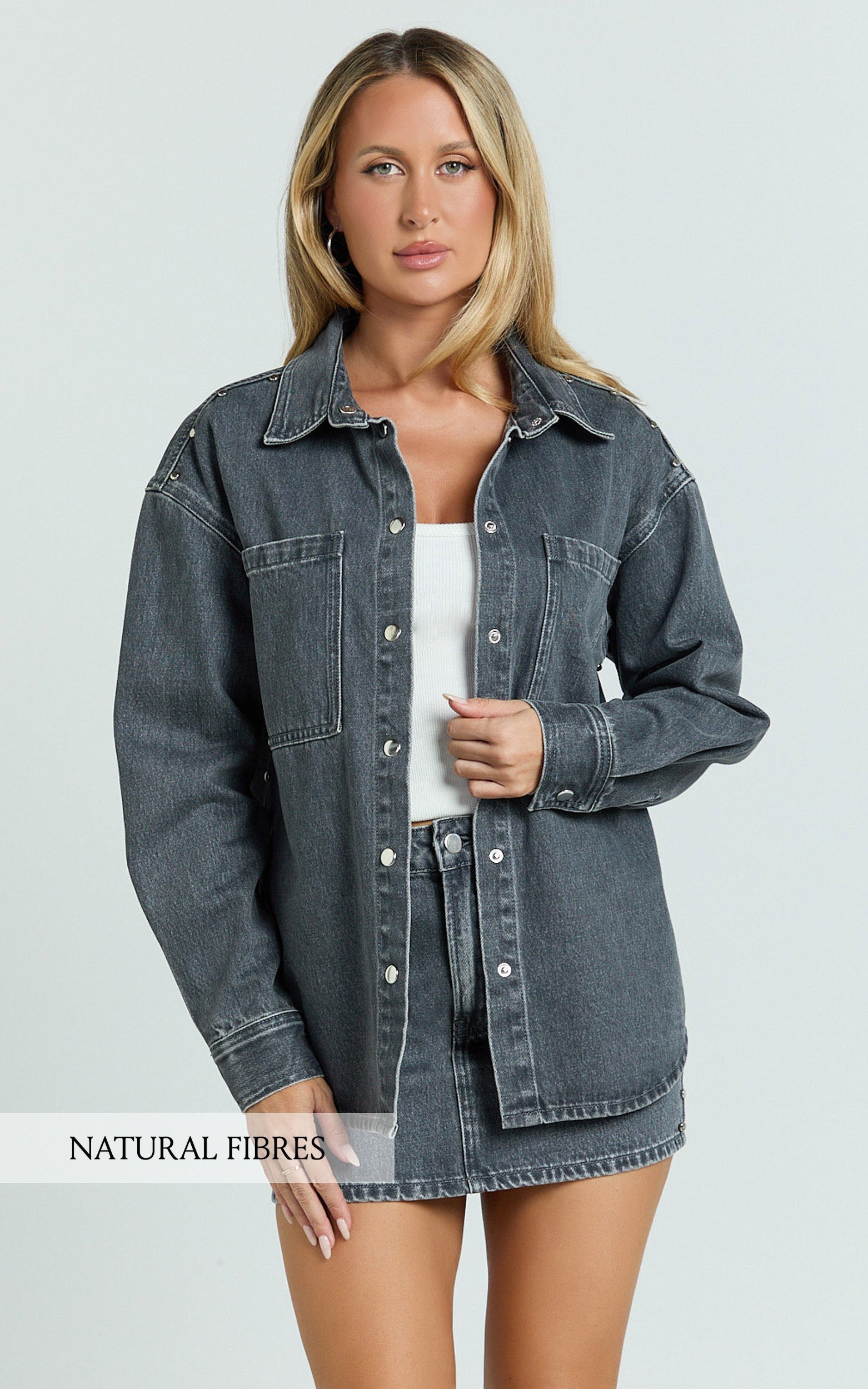 Makayla Top - Long Sleeve Stud Detail Denim Shirt in Dark Grey