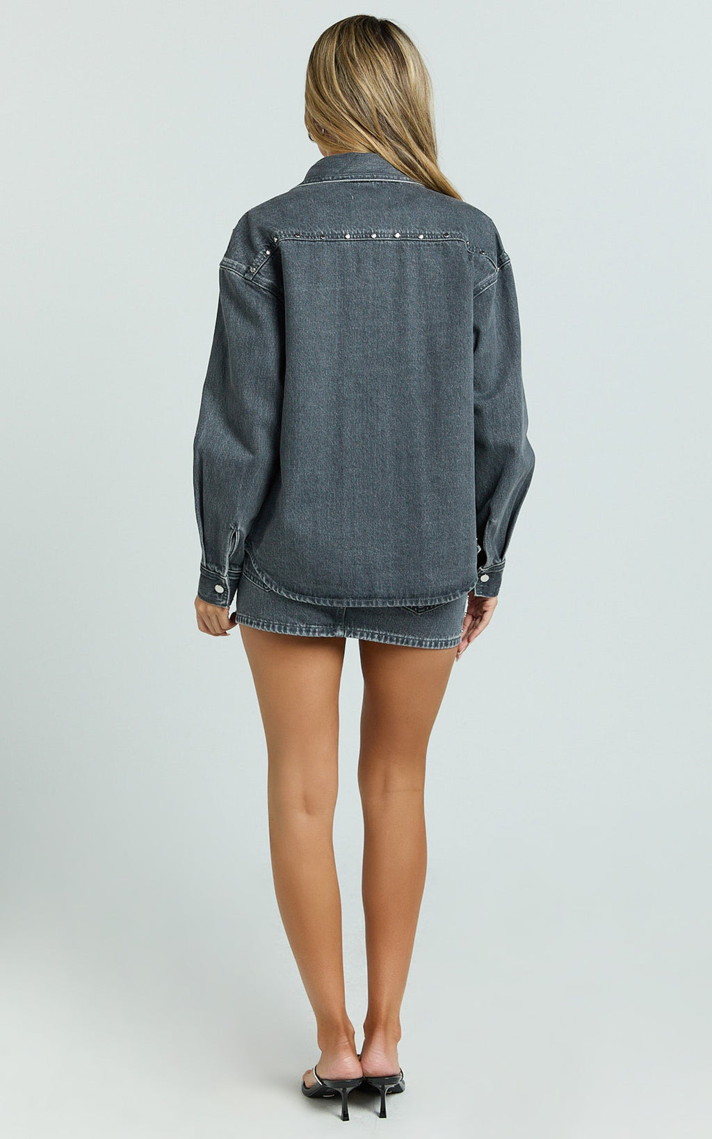 Makayla Top - Long Sleeve Stud Detail Denim Shirt in Dark Grey