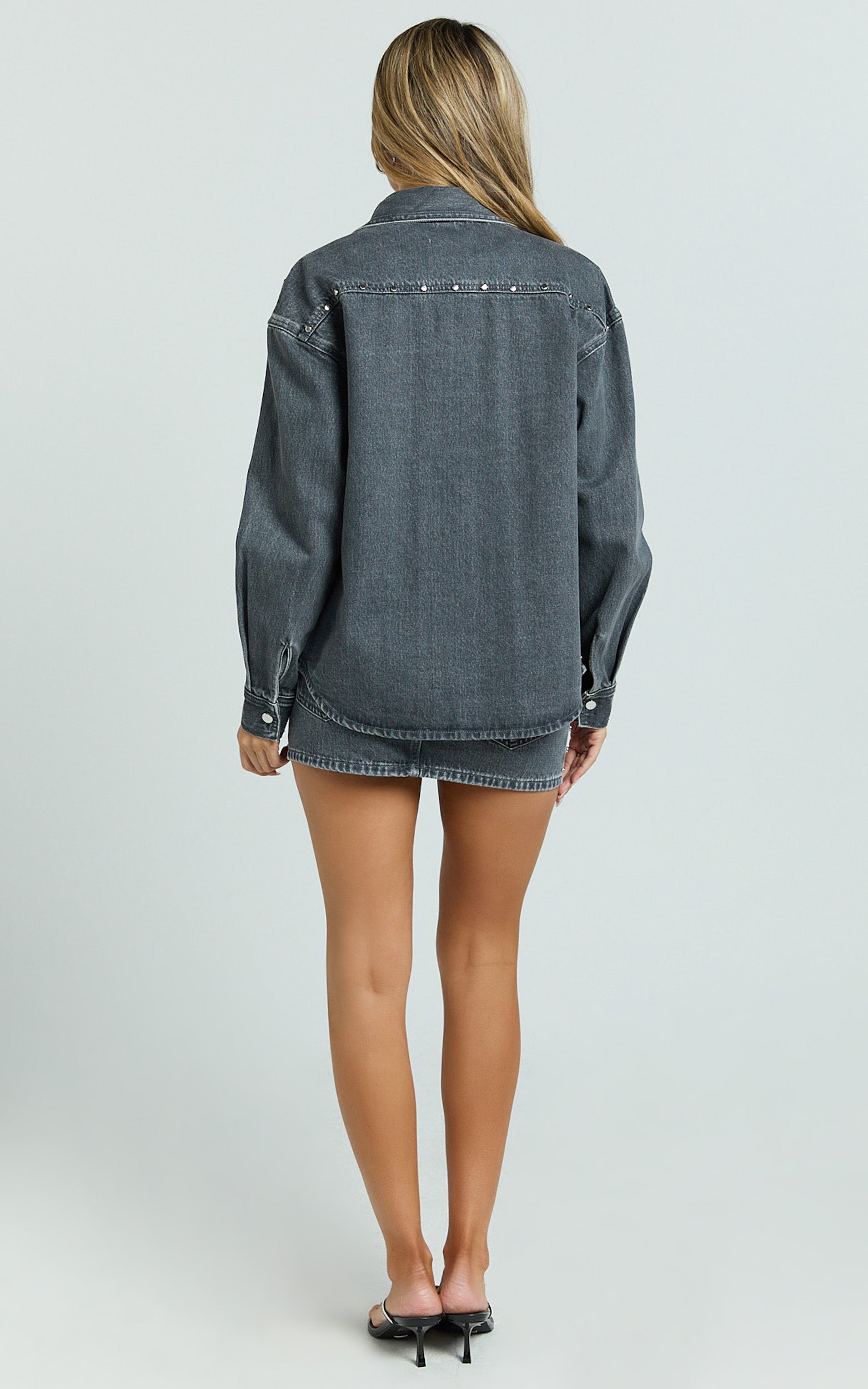 Makayla Top - Long Sleeve Stud Detail Denim Shirt in Dark Grey