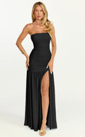 Marguerite Maxi Dress - Strapless Ruched Mesh High Leg Split Dress in Black