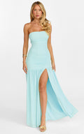Marguerite Maxi Dress - Strapless Ruched Mesh High Leg Split Dress in Mint