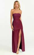 Marguerite Maxi Dress - Strapless Ruched Mesh High Leg Split Dress in Wine