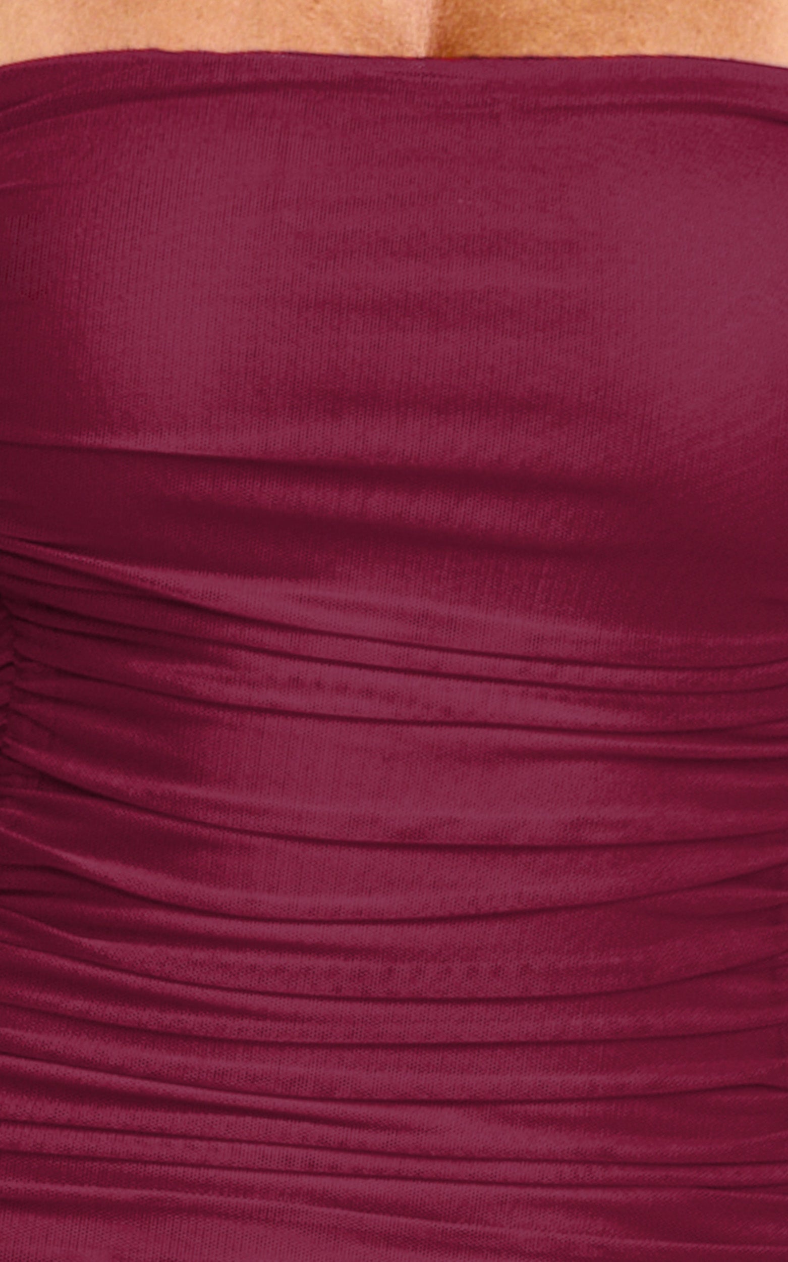 Marguerite Maxi Dress - Strapless Ruched Mesh High Leg Split Dress in Wine