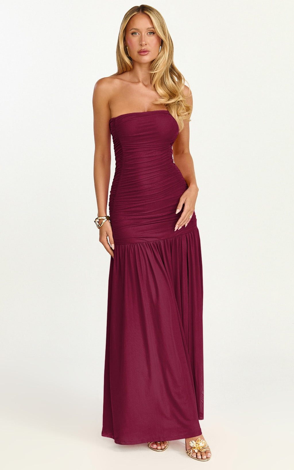 Marguerite Maxi Dress - Strapless Ruched Mesh High Leg Split Dress in Wine