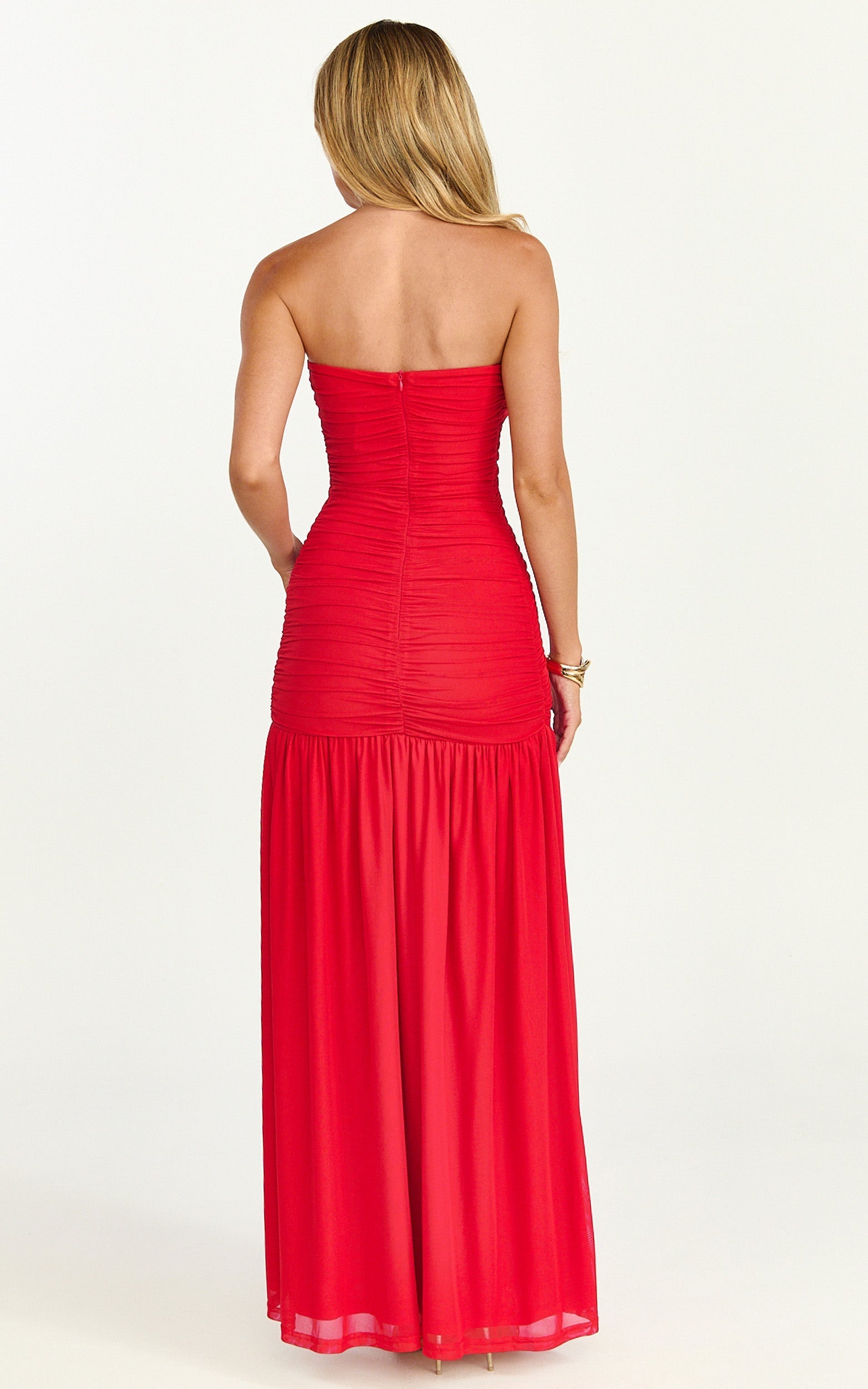 Marguerite Maxi Dress - Strapless Ruched Mesh High Leg Split Dress in Red
