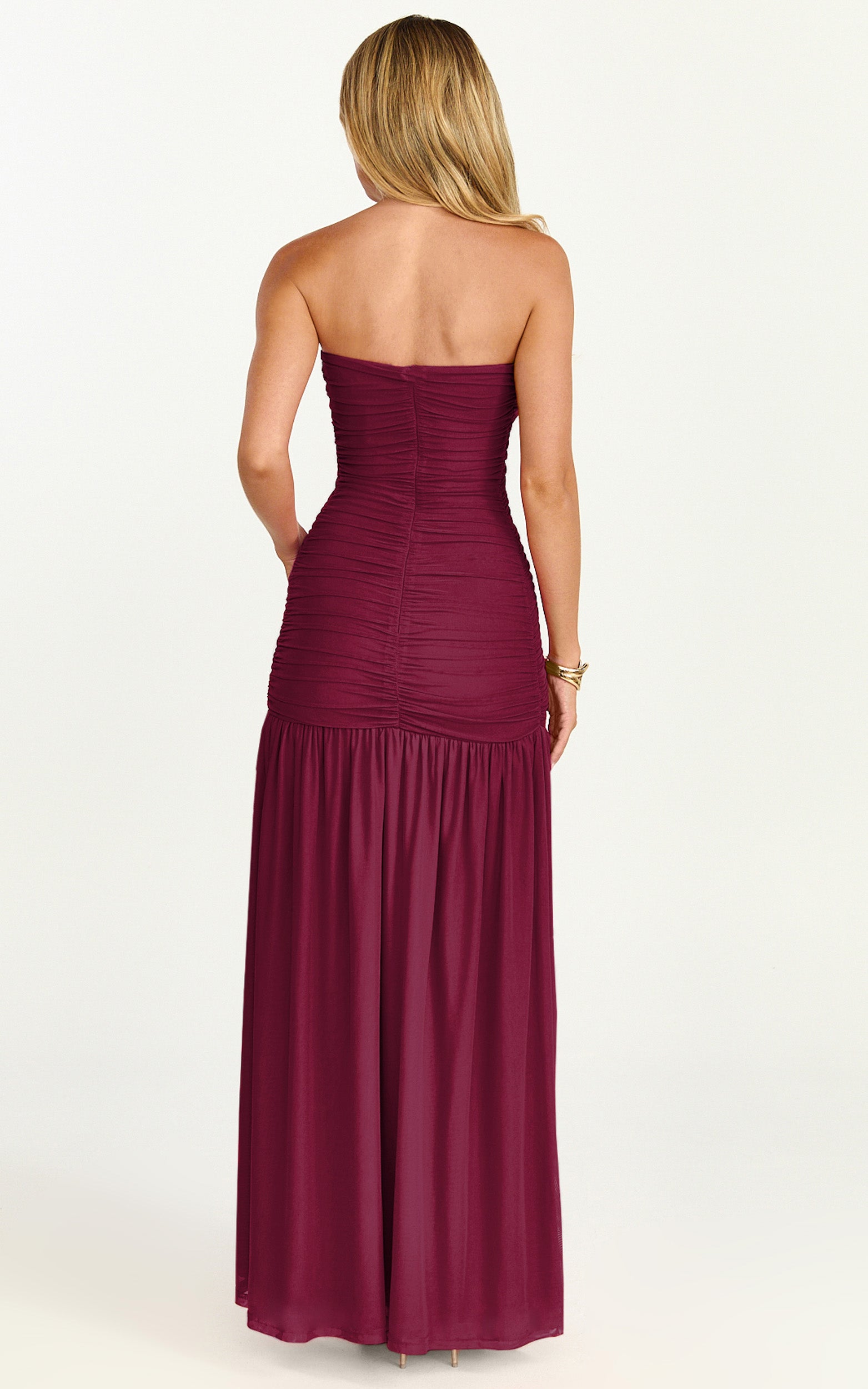 Marguerite Maxi Dress - Strapless Ruched Mesh High Leg Split Dress in Wine