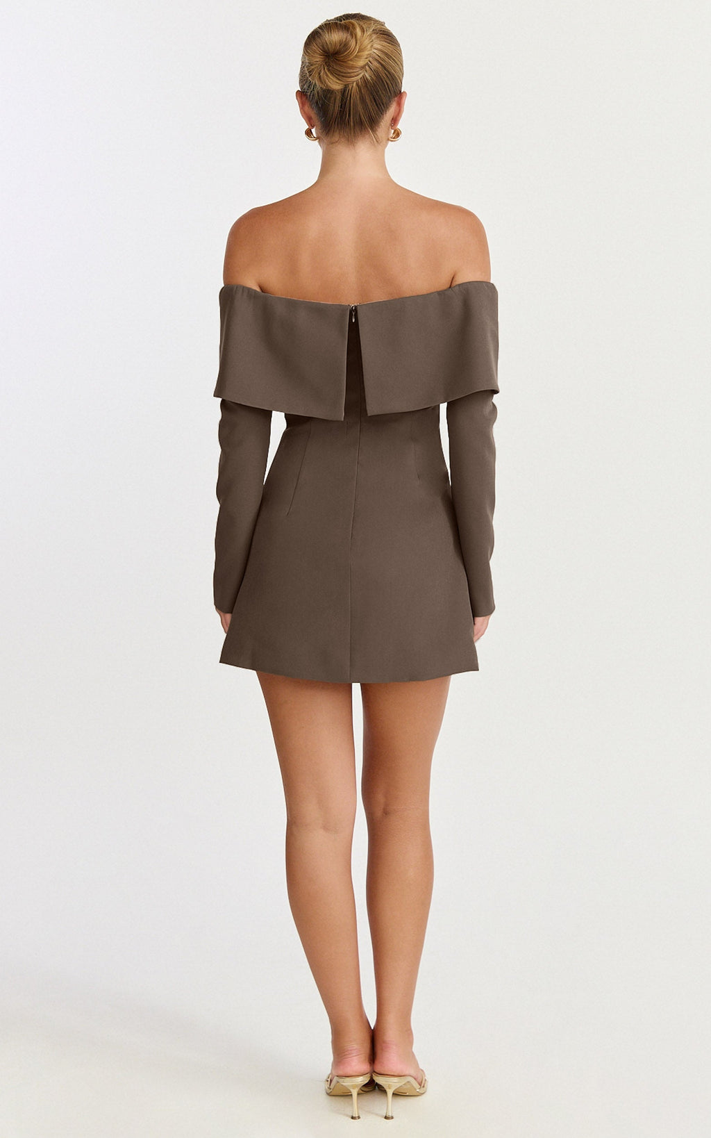 Marigold Mini Dress - Off Shoulder Long Sleeve Dress in Mocha