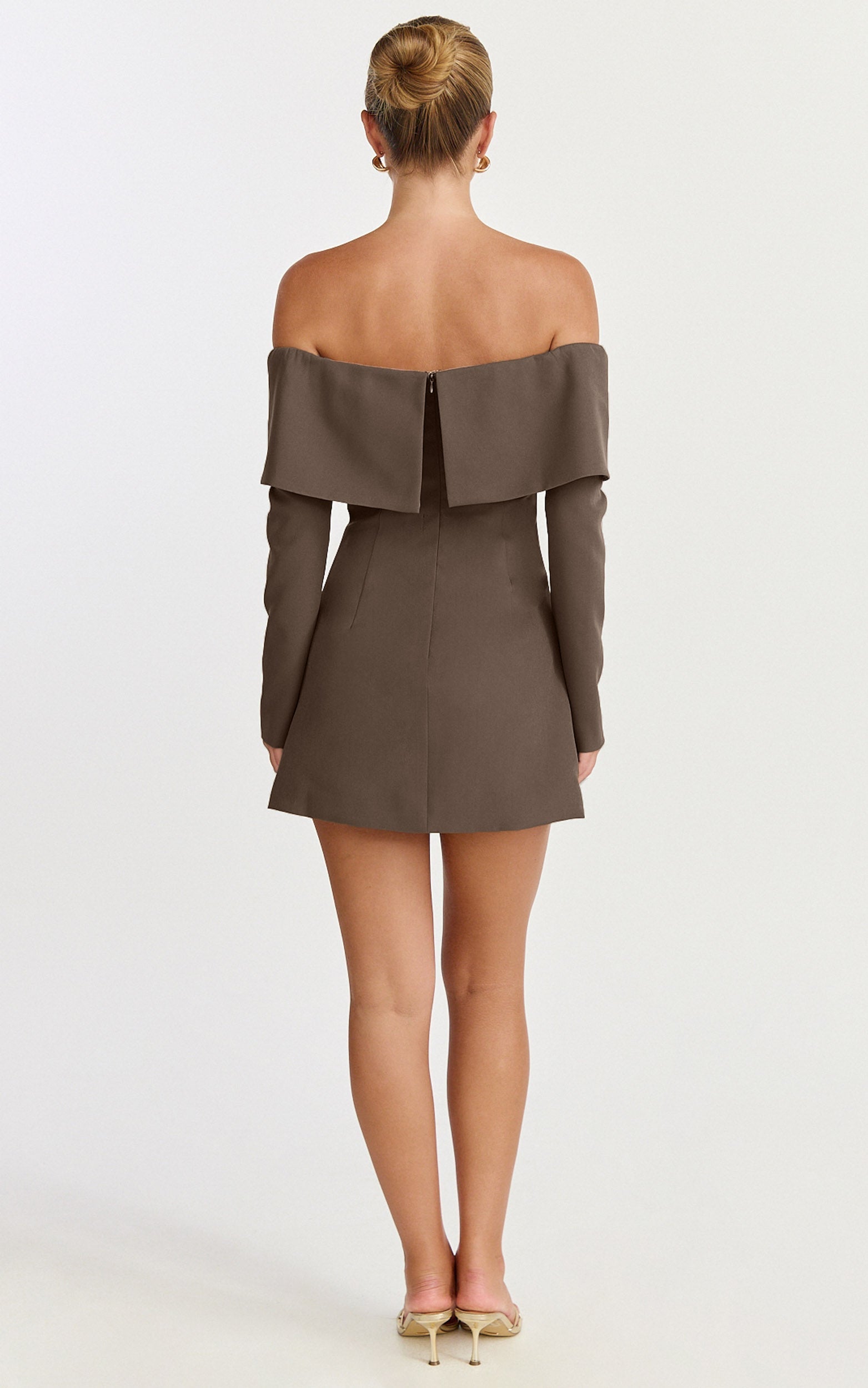 Marigold Mini Dress - Off Shoulder Long Sleeve Dress in Mocha