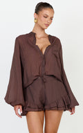 Marina Top - Sheer Full Sleeve Button Up Blouse in Chocolate