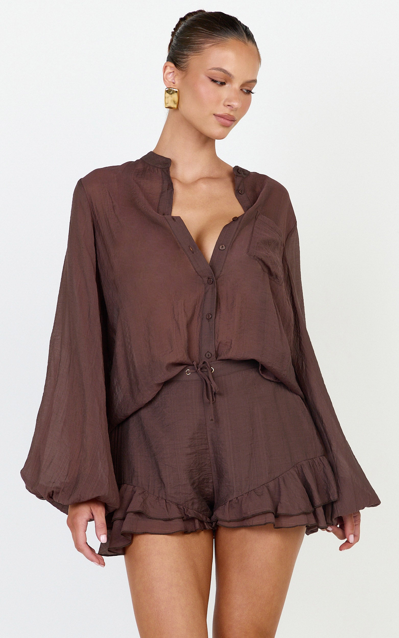 Marina Top - Sheer Full Sleeve Button Up Blouse in Chocolate