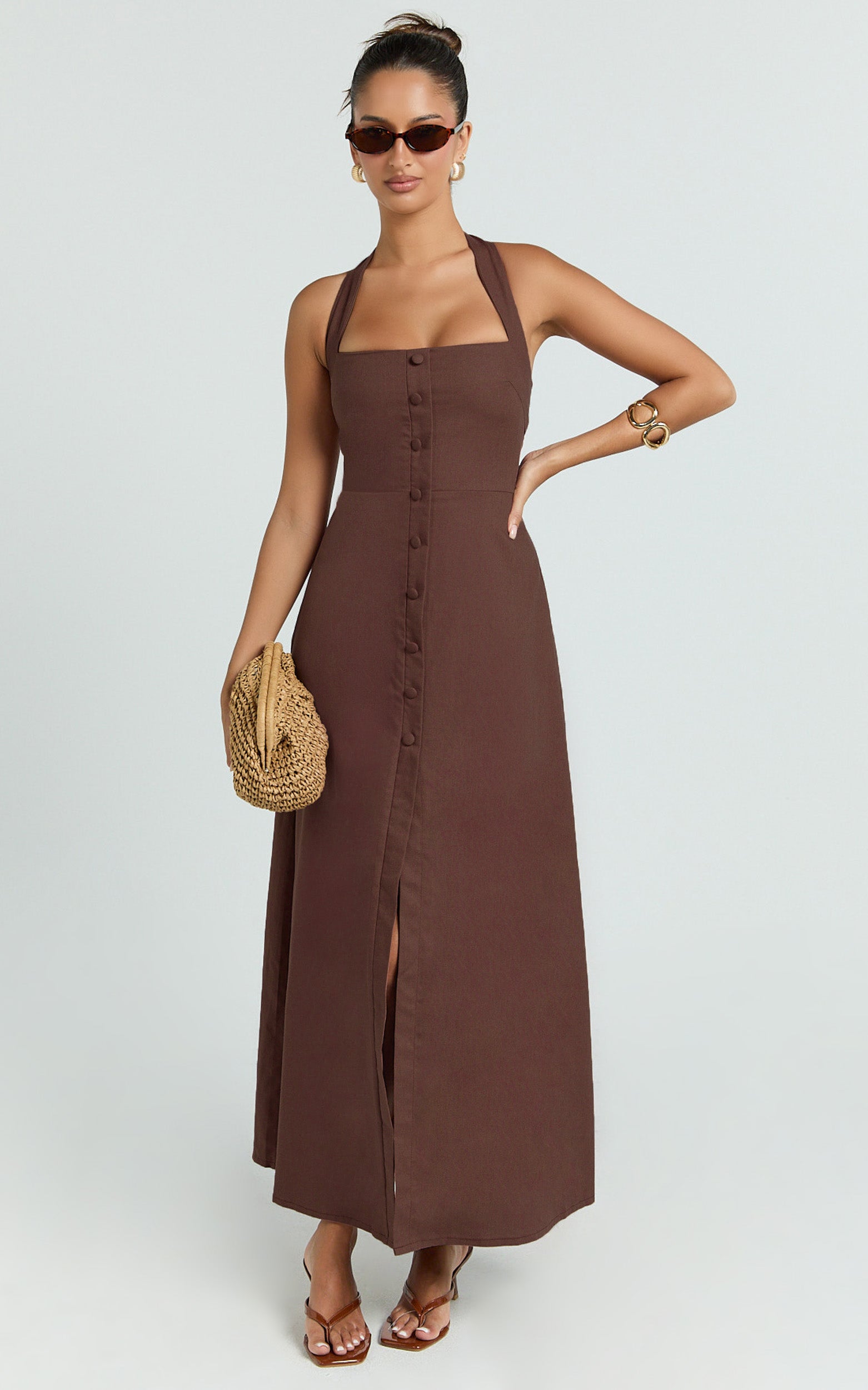 Marla Midi Dress - Square Neck Button Front Shift Dress in Chocolate