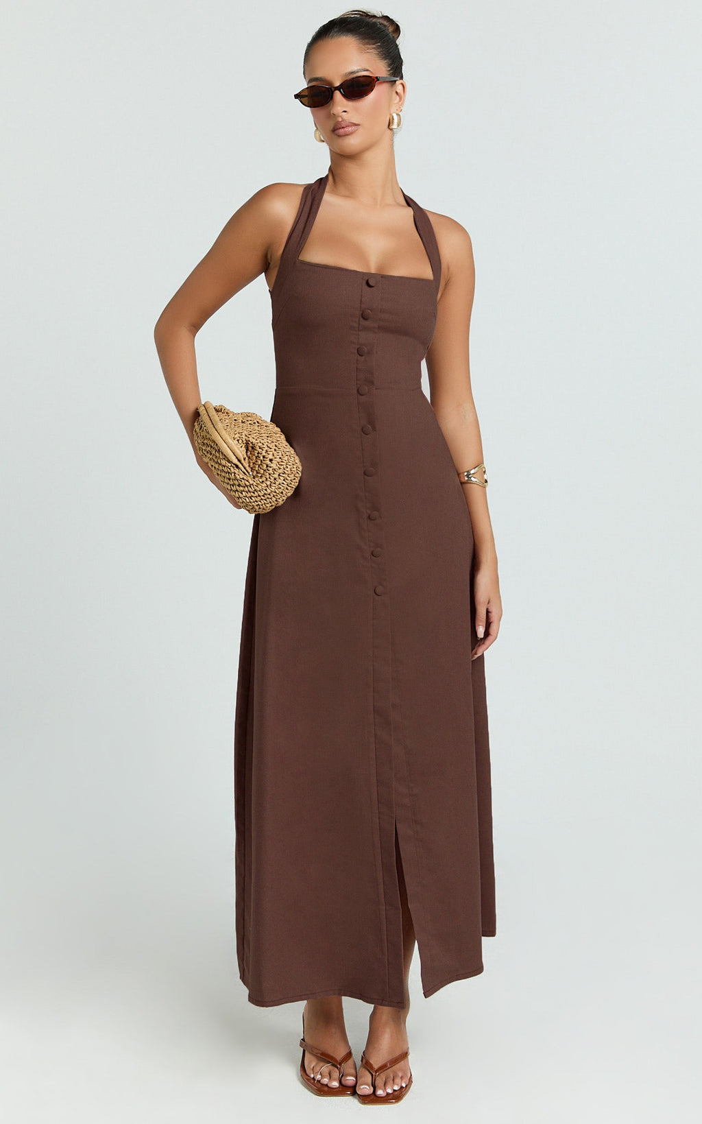 Marla Midi Dress - Square Neck Button Front Shift Dress in Chocolate