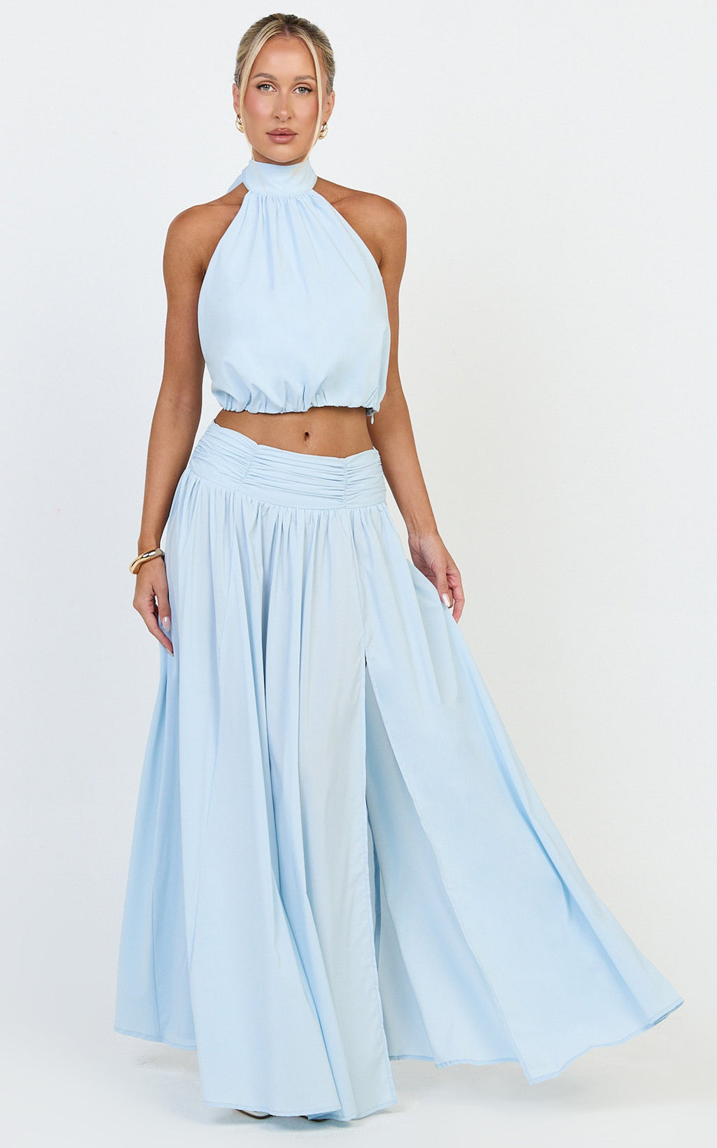 Melanie Maxi Skirt - Gathered Yoke Skirt in Pale Blue