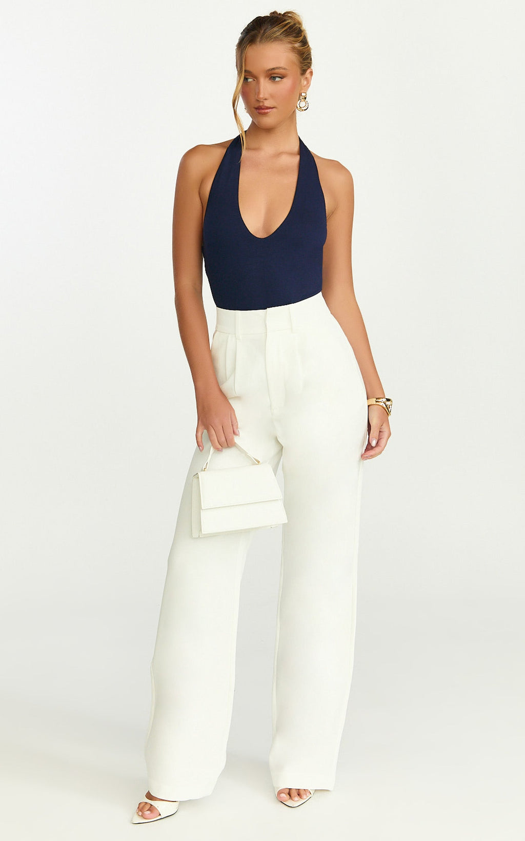 Melissa Pants - Pleat Front Wide Leg Tailored Pants in White