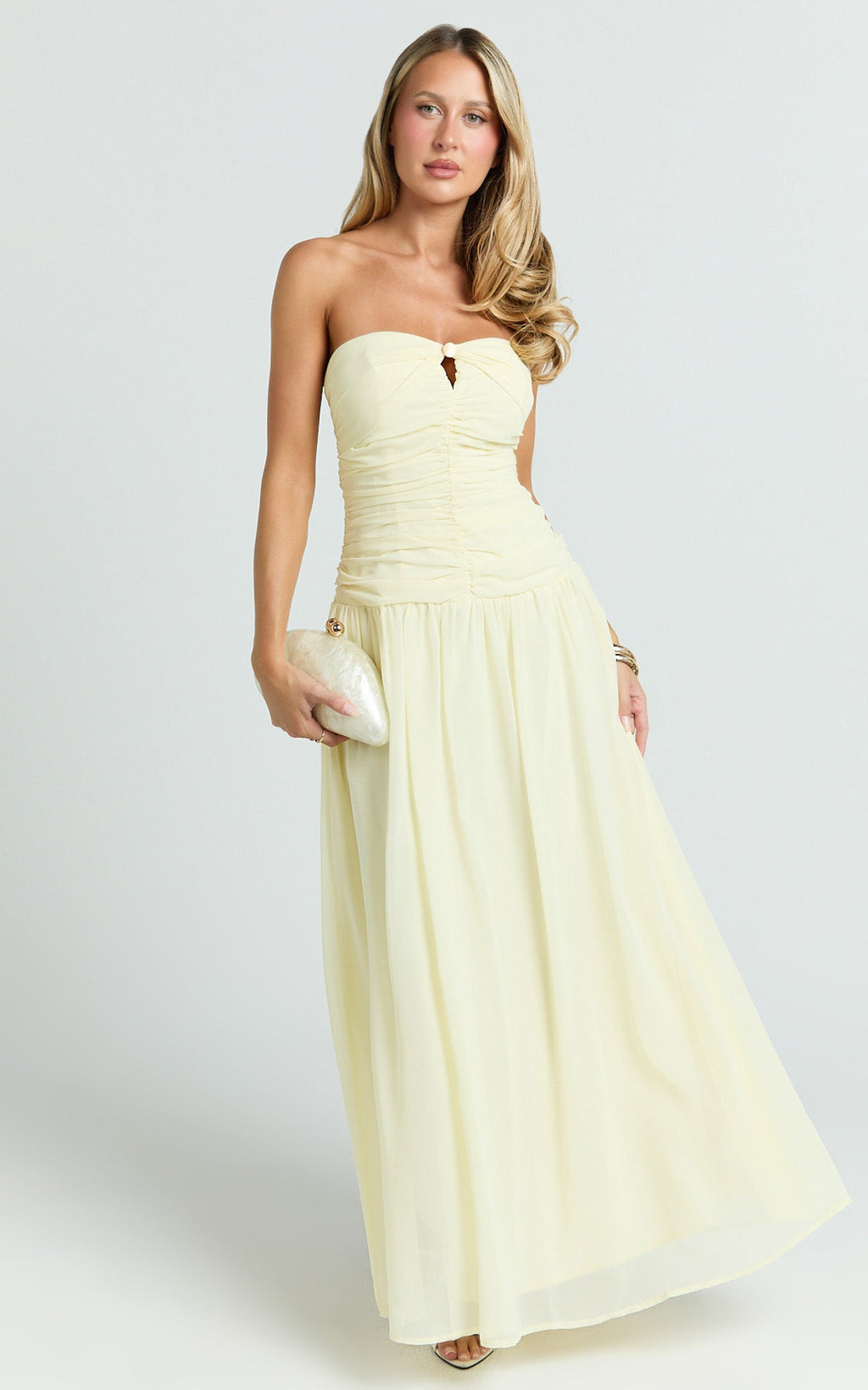 Mercy Midi Dress - Ruched Strapless Dress in Butter