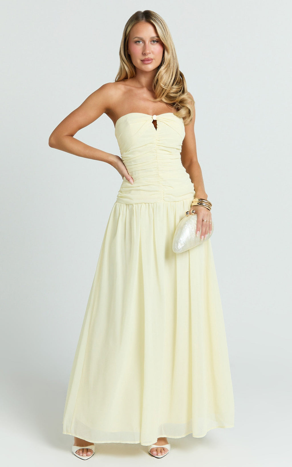 Mercy Midi Dress - Ruched Strapless Dress in Butter